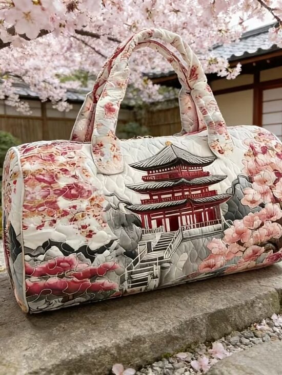 Handbags - Cherry Blossom Pagoda Duffel Bag Soft Weekender Travel Gym Carryall Bag 16x8"